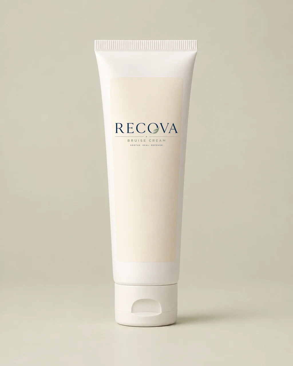 RECOVA Bruise Cream white tube mockup with navy and sage label