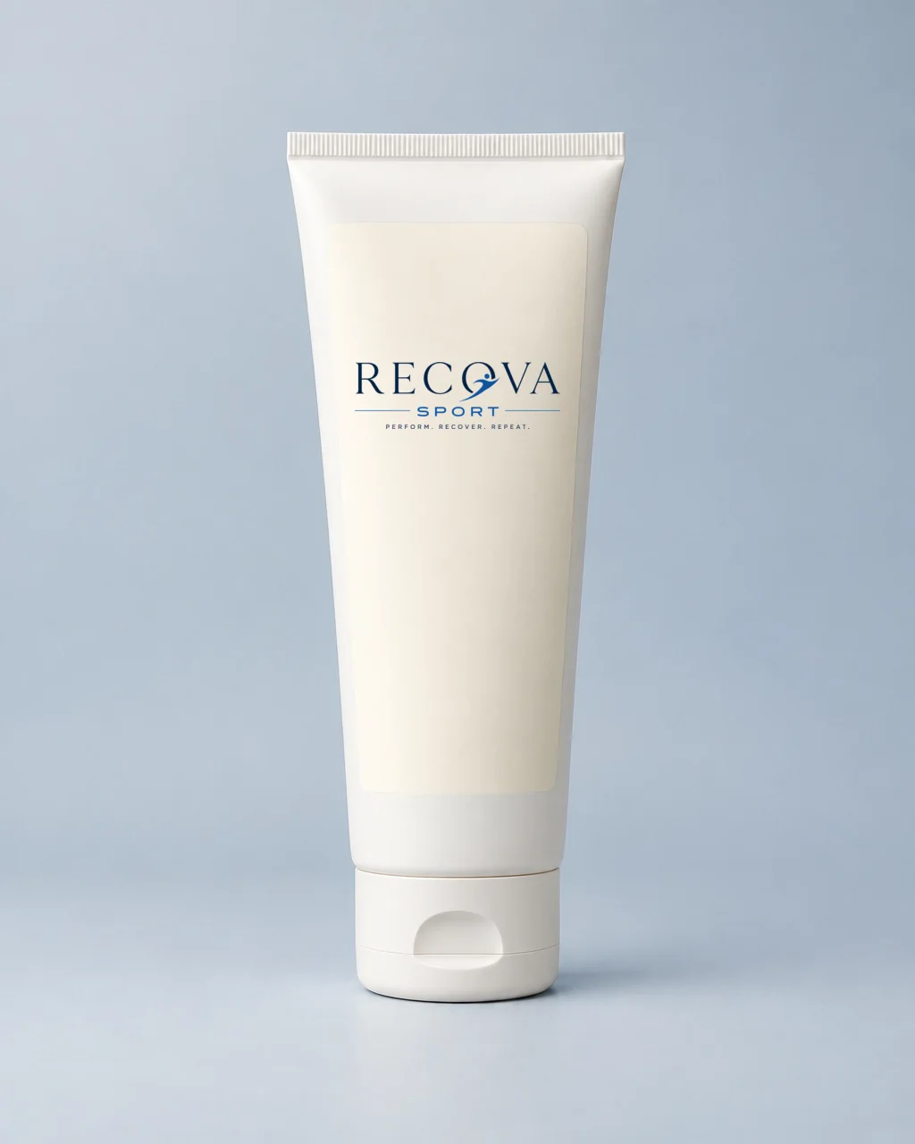 RECOVA Sport white tube mockup with navy and sport-blue label