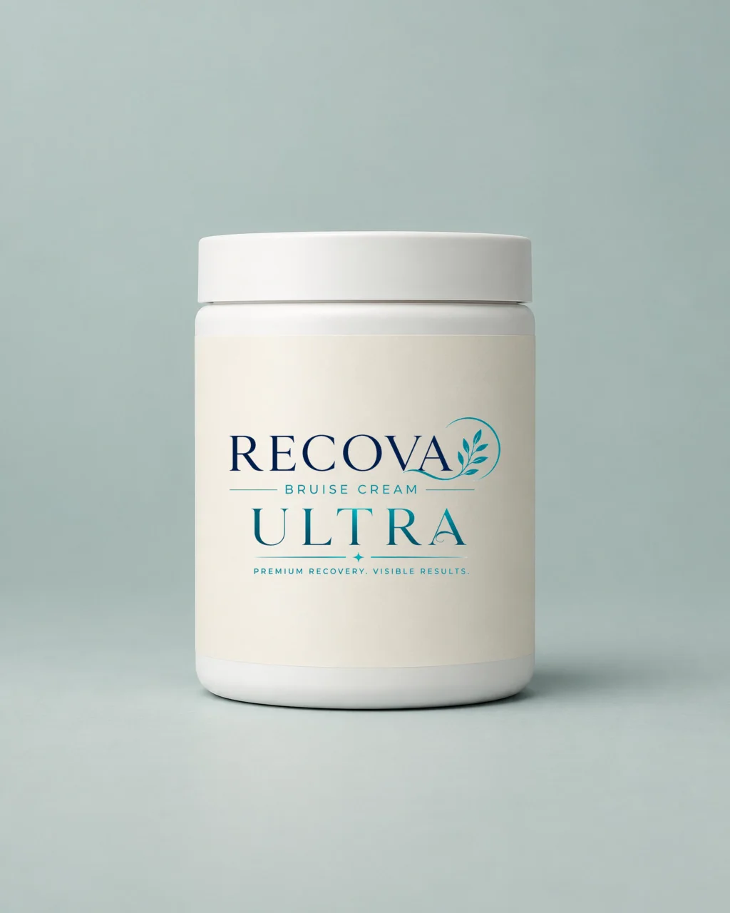RECOVA Ultra white recovery jar mockup with navy and teal label
