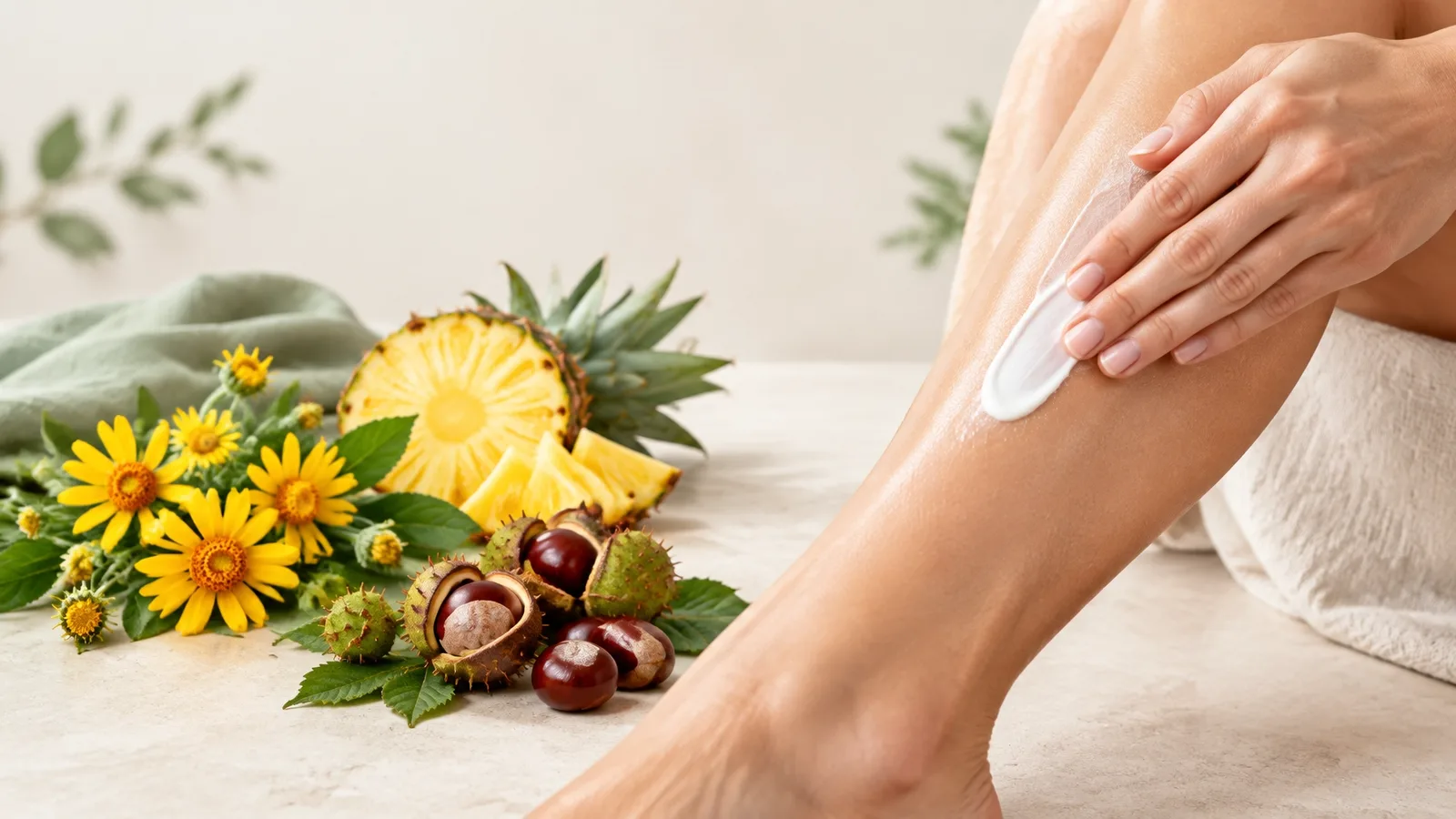 Arnica flowers, horse chestnut, and bromelain-rich pineapple beside a lower leg as white soothing cream is gently massaged into the skin